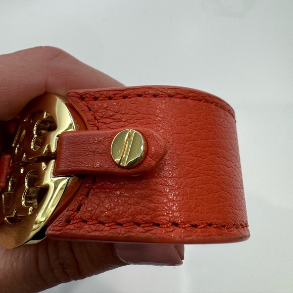 Tory Burch Reva Logo Cuff Bracelet Orange Leather and Gold Hardware - Picture 4 of 7